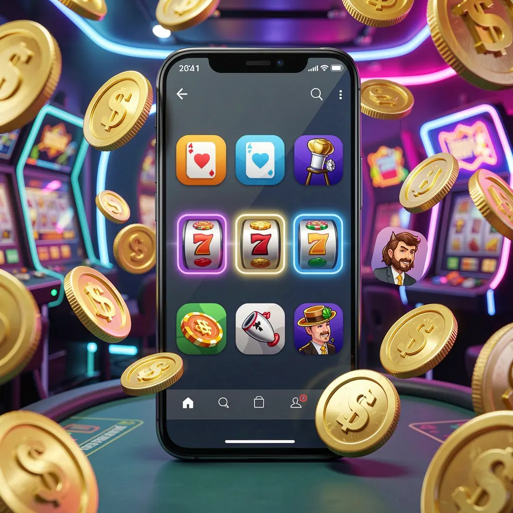 Realistic 3D render of a modern phone displaying the TK899 Android casino app with app icons, surrounded by golden coins and slot symbols in a neon casino atmosphere