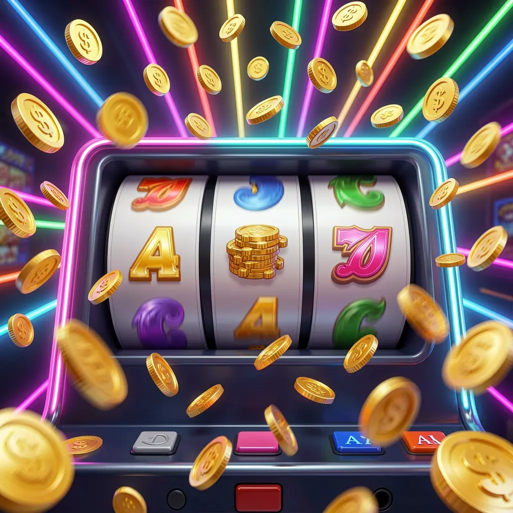 TK899 free spins casino image featuring slot machine reels spinning with golden coins flying everywhere, colorful neon lights, and an exciting jackpot mood in a premium 3D illustration