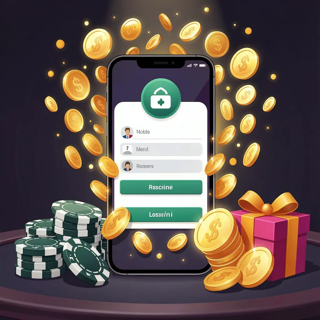 TK899 casino user login illustration showing a phone with a secure access icon, golden coins bursting from the screen, poker chips and a gift box nearby on a dark premium background