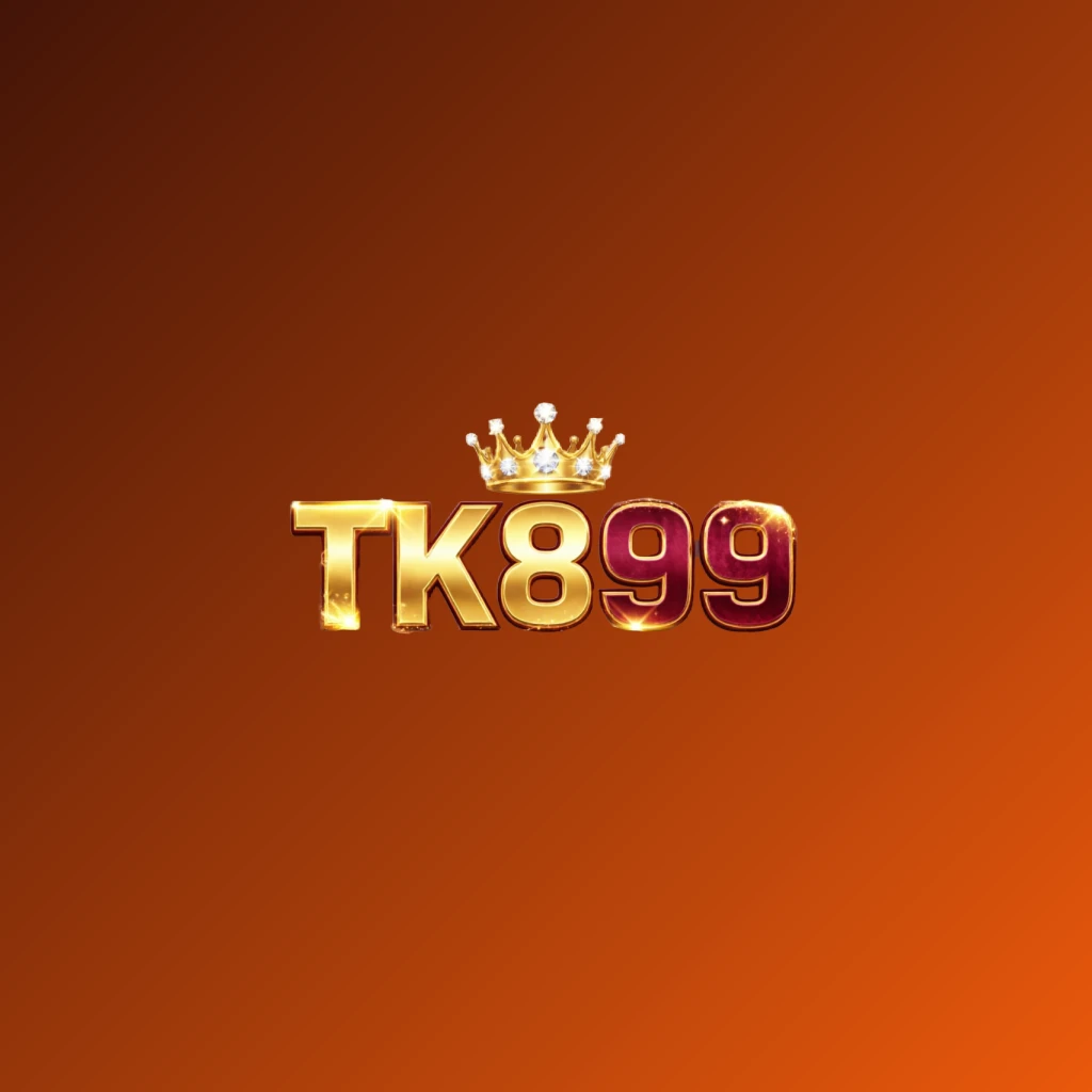 Dynamic casino-style logo for TK899 featuring massive bold lettering in bright gold and crimson colors with a glowing crown and sparkling light effects on a transparent background