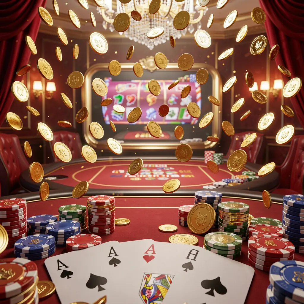 TK899 online gaming platform homepage banner featuring bright casino lights with golden coins raining, poker chips and playing cards in the foreground, set in a luxury red and gold atmosphere with high detail 3D render